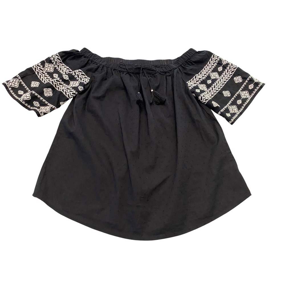 ⁠Old Navy Womens XS Black Off Shoulder Blouse Embroidered Sleeve Tassel Swiss